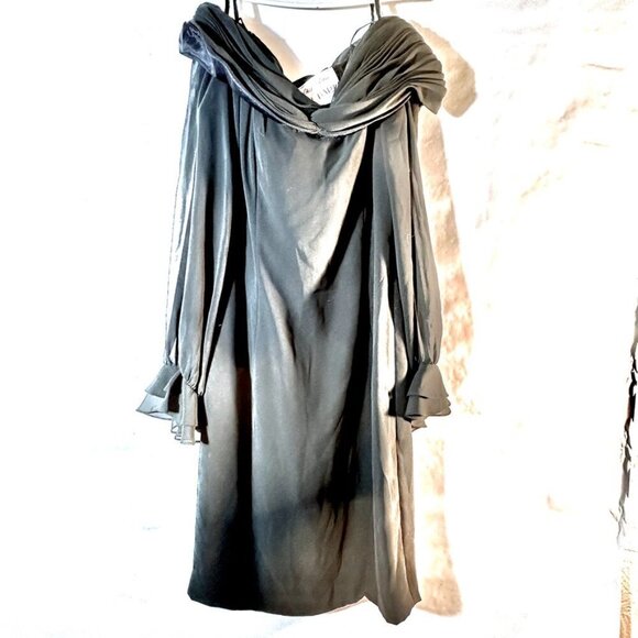 Saks Fifth Avenue AJ Bari Dress Chiffon Size 10 Sheer Ruched Cold Shoulder Black - Picture 2 of 9